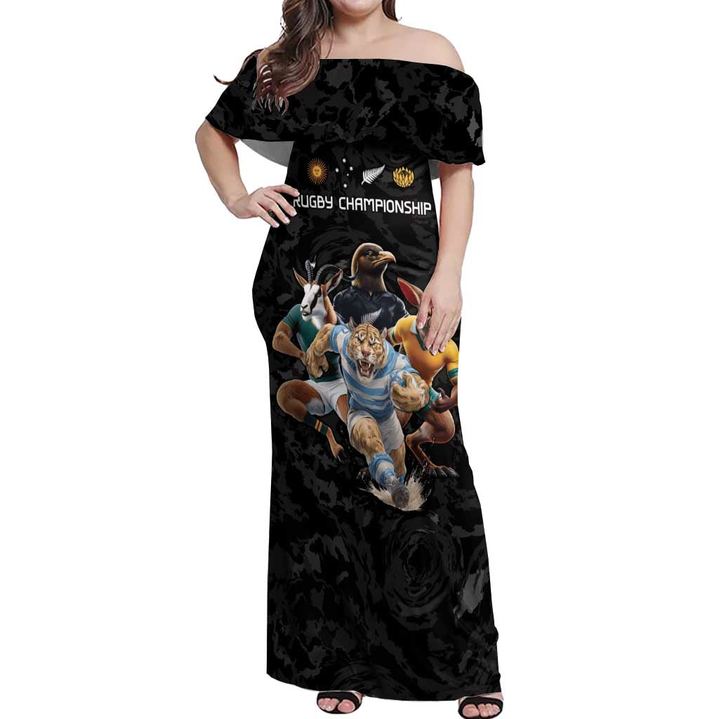 Custom Rugby Southern Hemisphere Off Shoulder Maxi Dress Argentina AUNZ South Africa Mascot Black LT9 Women Black - Polynesian Pride