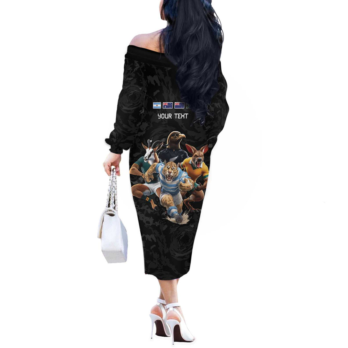 Custom Rugby Southern Hemisphere Off The Shoulder Long Sleeve Dress Argentina AUNZ South Africa Mascot Black LT9 - Polynesian Pride