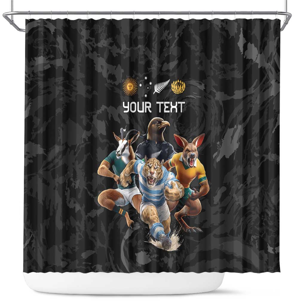 Custom Rugby Southern Hemisphere Shower Curtain Argentina AUNZ South Africa Mascot Black LT9 Black - Polynesian Pride