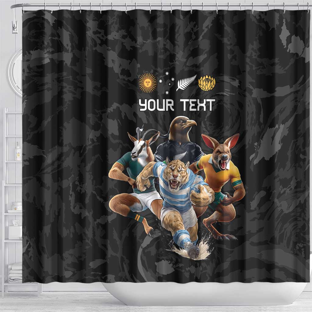 Custom Rugby Southern Hemisphere Shower Curtain Argentina AUNZ South Africa Mascot Black LT9 - Polynesian Pride