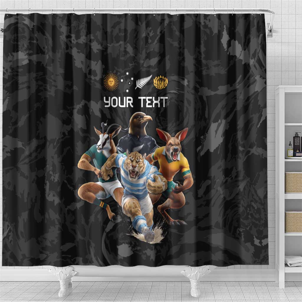 Custom Rugby Southern Hemisphere Shower Curtain Argentina AUNZ South Africa Mascot Black LT9 - Polynesian Pride