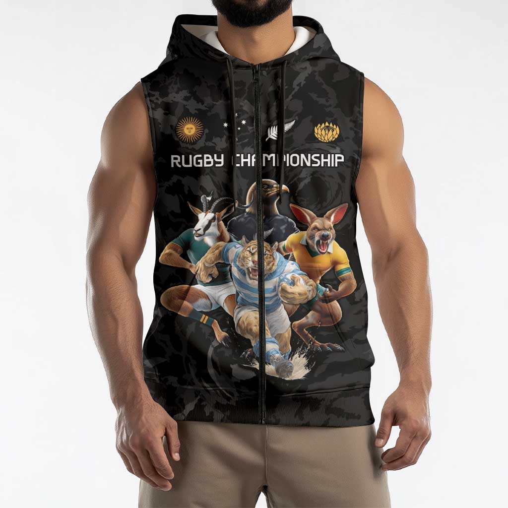 Custom Rugby Southern Hemisphere Sleeveless Zip Hoodie Argentina AUNZ South Africa Mascot Black LT9 - Polynesian Pride