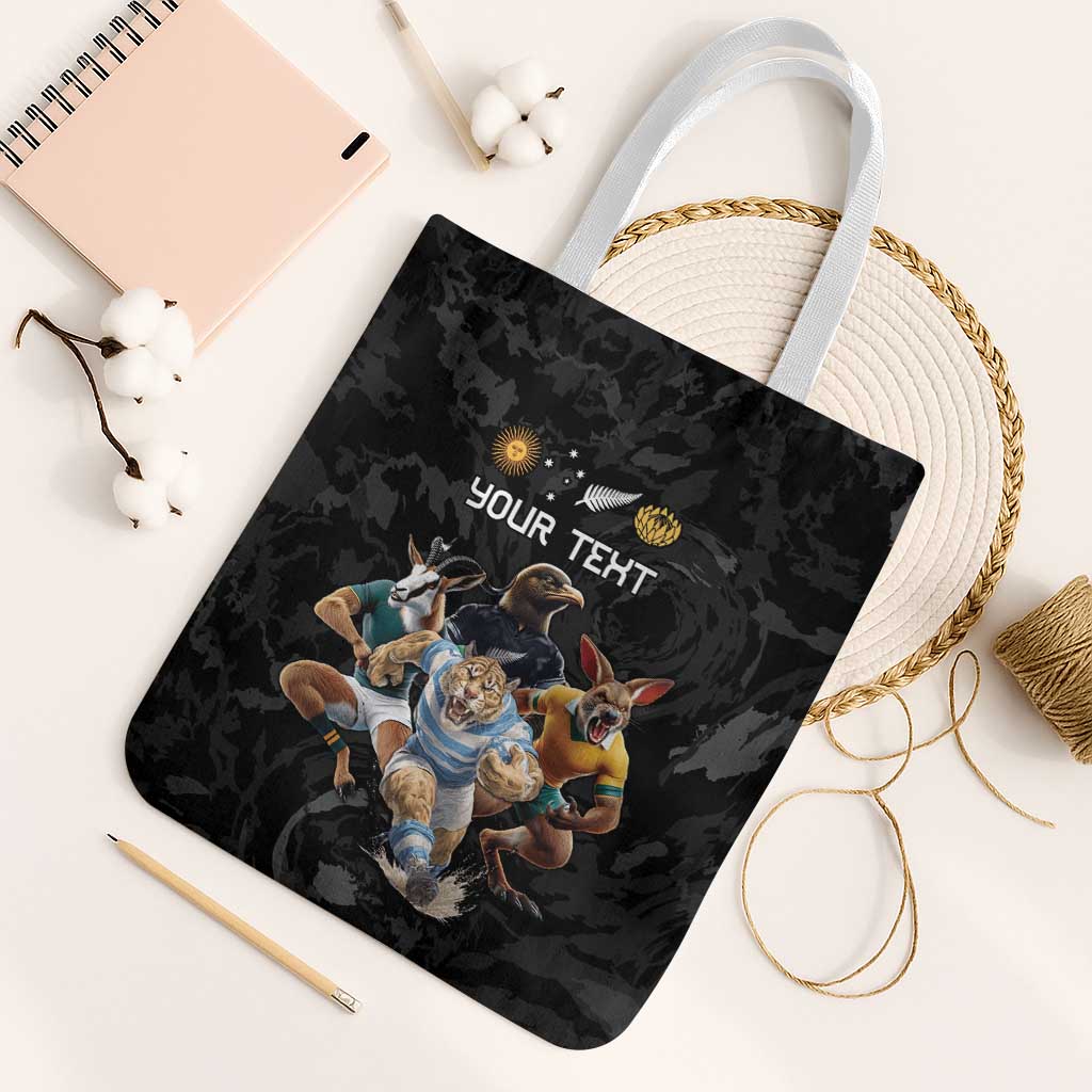 Custom Rugby Southern Hemisphere Tote Bag Argentina AUNZ South Africa Mascot Black LT9 White Strap One Size Black - Polynesian Pride