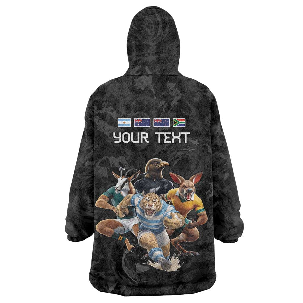 Custom Rugby Southern Hemisphere Wearable Blanket Hoodie Argentina AUNZ South Africa Mascot Black LT9 - Polynesian Pride