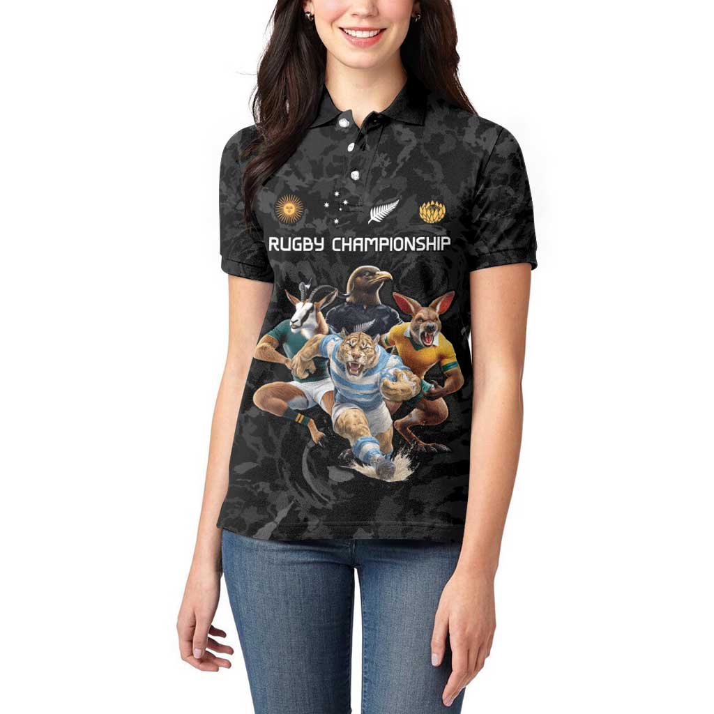 Custom Rugby Southern Hemisphere Women Polo Shirt Argentina AUNZ South Africa Mascot Black - Polynesian Pride