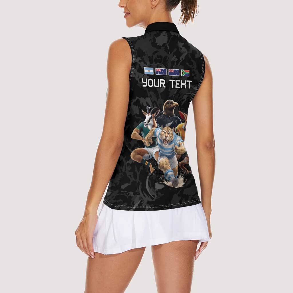 Custom Rugby Southern Hemisphere Women Sleeveless Polo Shirt Argentina AUNZ South Africa Mascot Black LT9 - Polynesian Pride