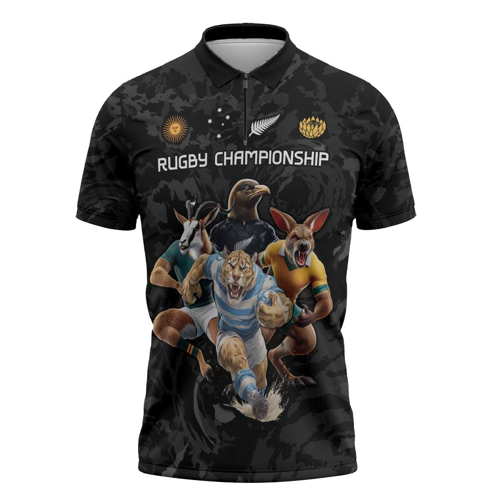 Custom Rugby Southern Hemisphere Zipper Polo Shirt Argentina AUNZ South Africa Mascot Black LT9 Black - Polynesian Pride
