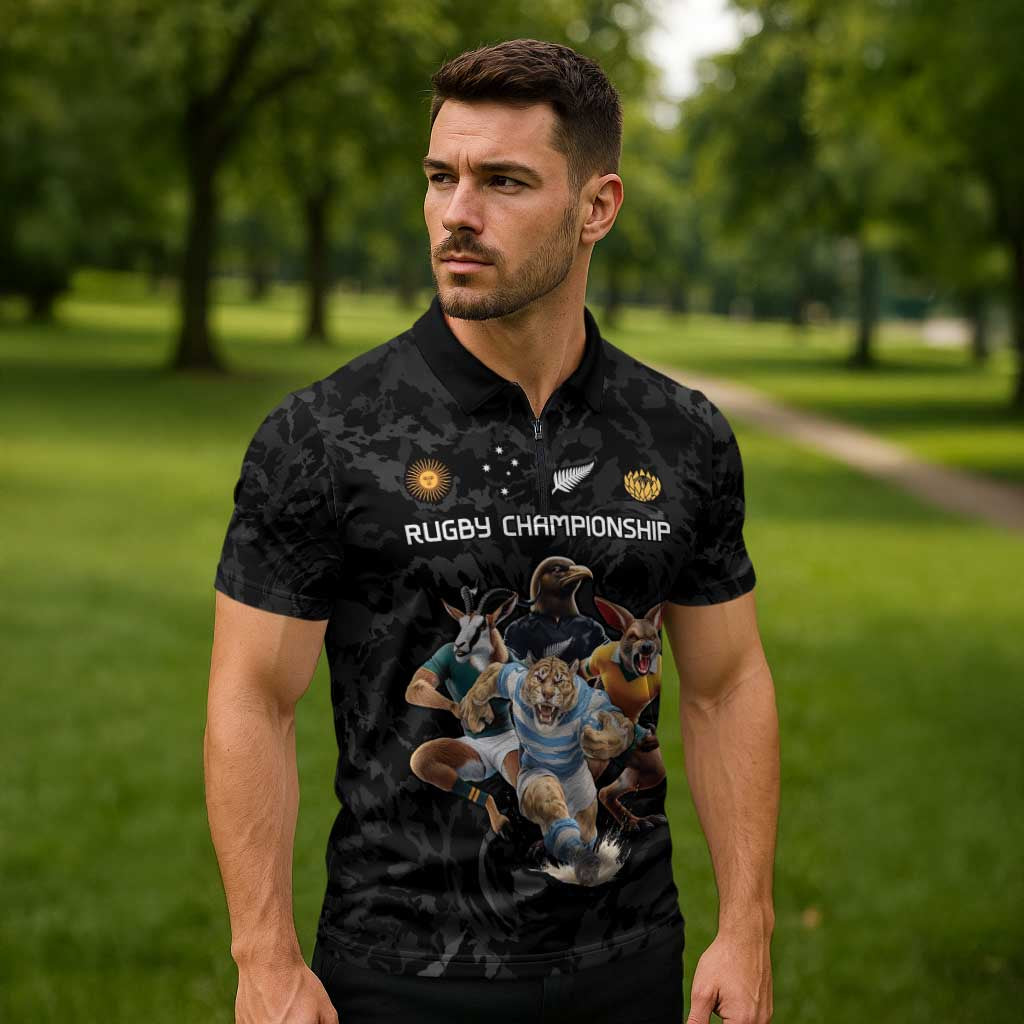Custom Rugby Southern Hemisphere Zipper Polo Shirt Argentina AUNZ South Africa Mascot Black LT9 - Polynesian Pride