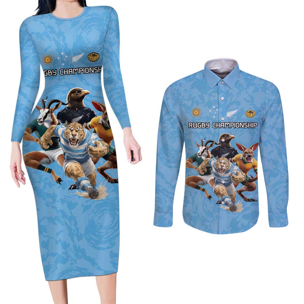 Custom Rugby Southern Hemisphere Couples Matching Long Sleeve Bodycon Dress and Long Sleeve Button Shirt Argentina AUNZ South Africa Mascot Blue - Polynesian Pride