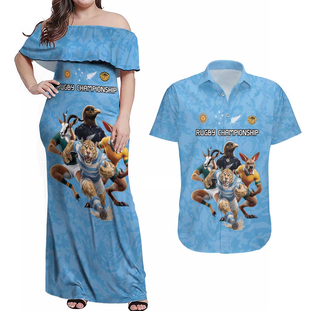 Custom Rugby Southern Hemisphere Couples Matching Off Shoulder Maxi Dress and Hawaiian Shirt Argentina AUNZ South Africa Mascot Blue - Polynesian Pride