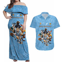 Custom Rugby Southern Hemisphere Couples Matching Off Shoulder Maxi Dress and Hawaiian Shirt Argentina AUNZ South Africa Mascot Blue LT9 Blue - Polynesian Pride