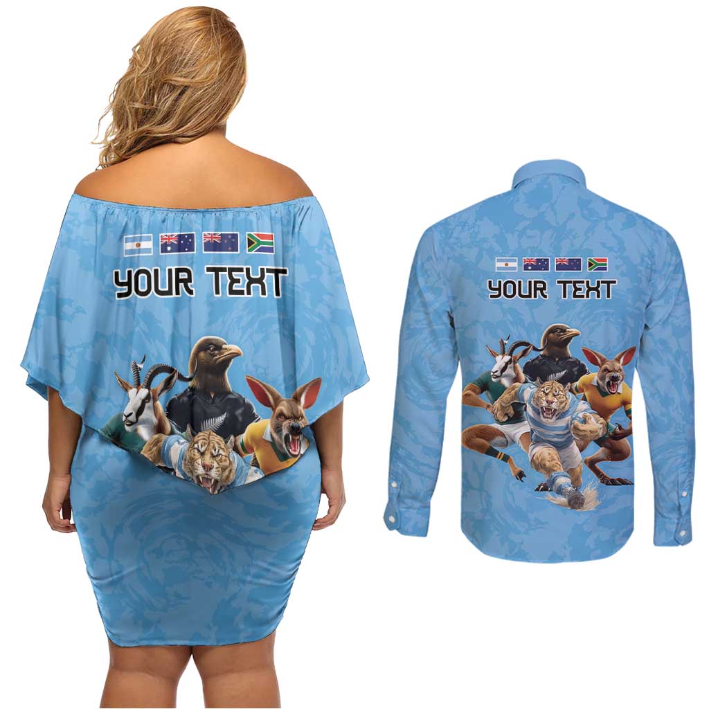 Custom Rugby Southern Hemisphere Couples Matching Off Shoulder Short Dress and Long Sleeve Button Shirt Argentina AUNZ South Africa Mascot Blue LT9 - Polynesian Pride