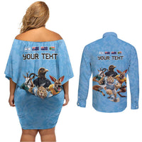 Custom Rugby Southern Hemisphere Couples Matching Off Shoulder Short Dress and Long Sleeve Button Shirt Argentina AUNZ South Africa Mascot Blue LT9 - Polynesian Pride