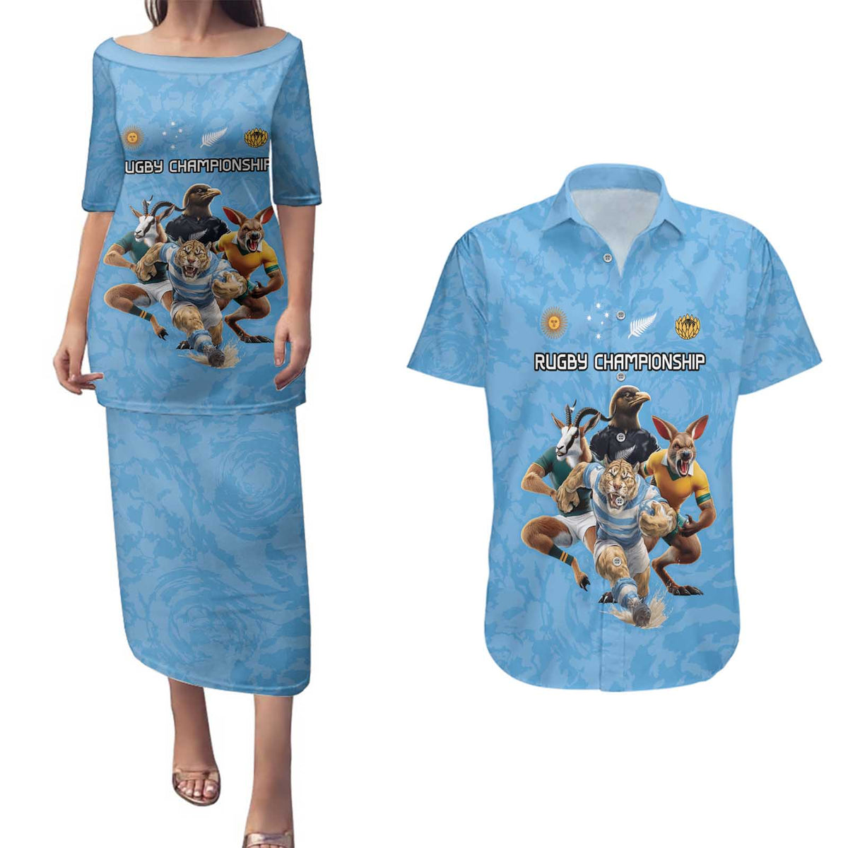 Custom Rugby Southern Hemisphere Couples Matching Puletasi and Hawaiian Shirt Argentina AUNZ South Africa Mascot Blue - Polynesian Pride
