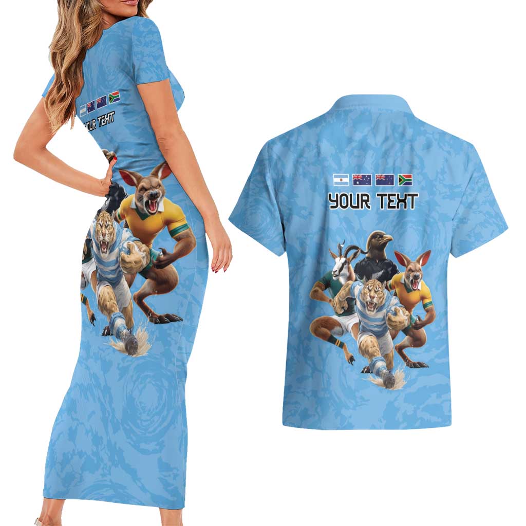 Custom Rugby Southern Hemisphere Couples Matching Short Sleeve Bodycon Dress and Hawaiian Shirt Argentina AUNZ South Africa Mascot Blue - Polynesian Pride