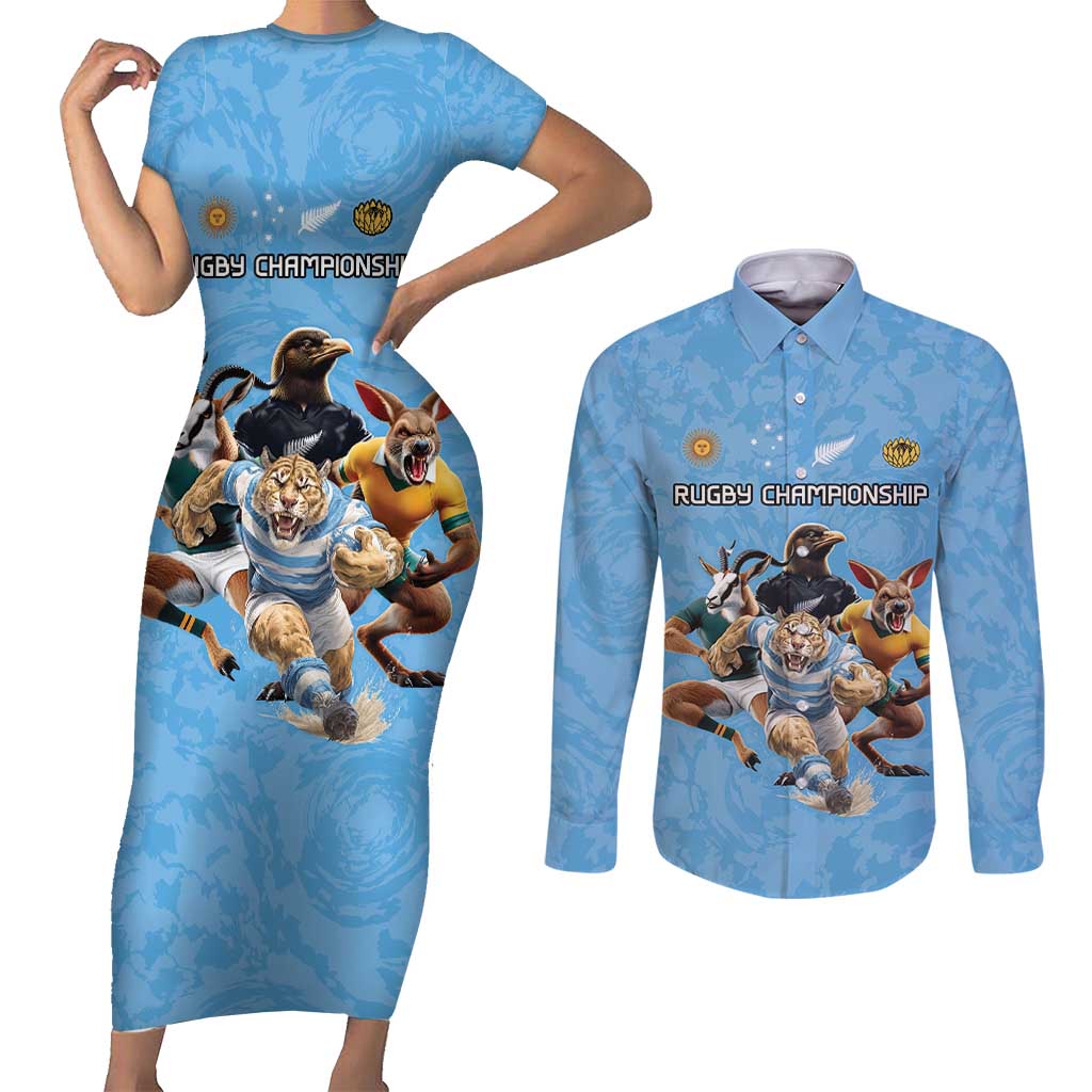 Custom Rugby Southern Hemisphere Couples Matching Short Sleeve Bodycon Dress and Long Sleeve Button Shirt Argentina AUNZ South Africa Mascot Blue - Polynesian Pride
