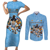 Custom Rugby Southern Hemisphere Couples Matching Short Sleeve Bodycon Dress and Long Sleeve Button Shirt Argentina AUNZ South Africa Mascot Blue - Polynesian Pride