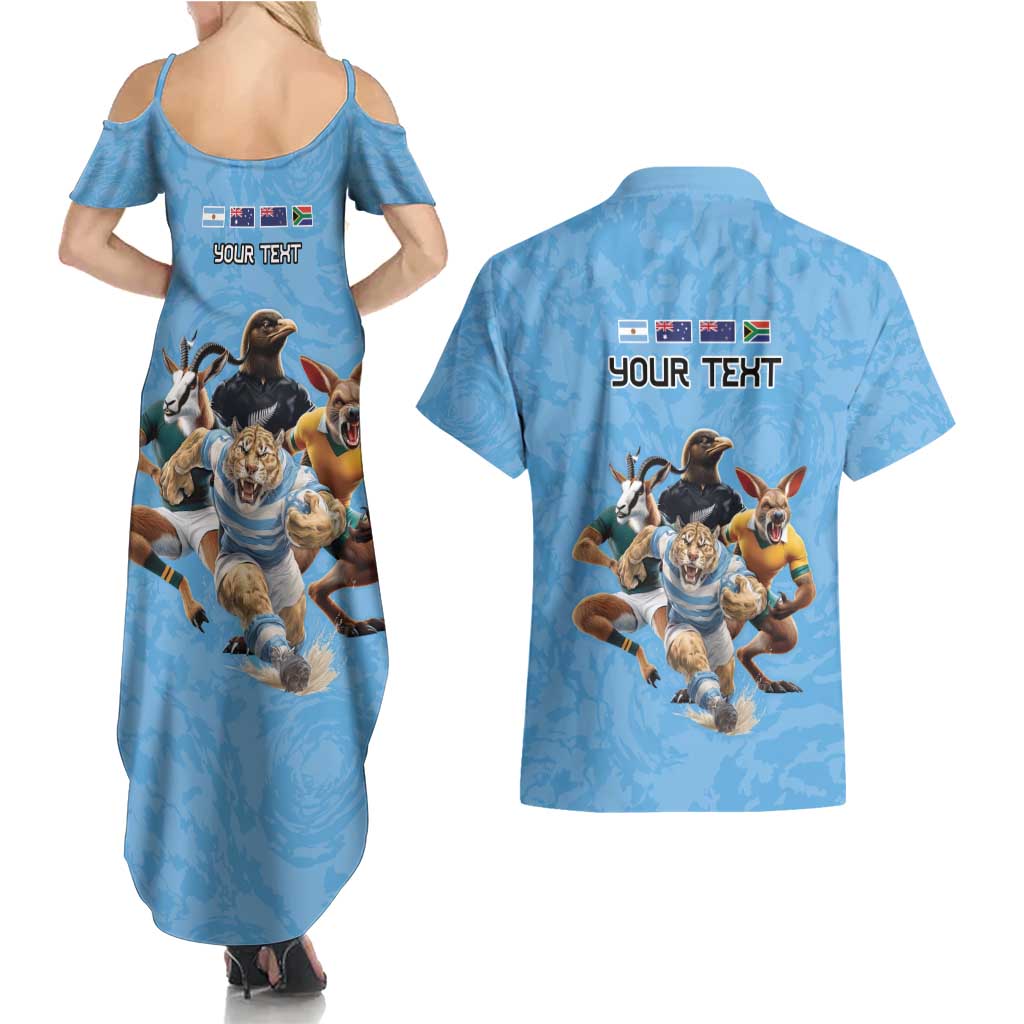 Custom Rugby Southern Hemisphere Couples Matching Summer Maxi Dress and Hawaiian Shirt Argentina AUNZ South Africa Mascot Blue - Polynesian Pride