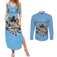 Custom Rugby Southern Hemisphere Couples Matching Summer Maxi Dress and Long Sleeve Button Shirt Argentina AUNZ South Africa Mascot Blue - Polynesian Pride