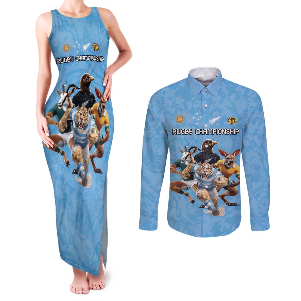 Custom Rugby Southern Hemisphere Couples Matching Tank Maxi Dress and Long Sleeve Button Shirt Argentina AUNZ South Africa Mascot Blue - Polynesian Pride