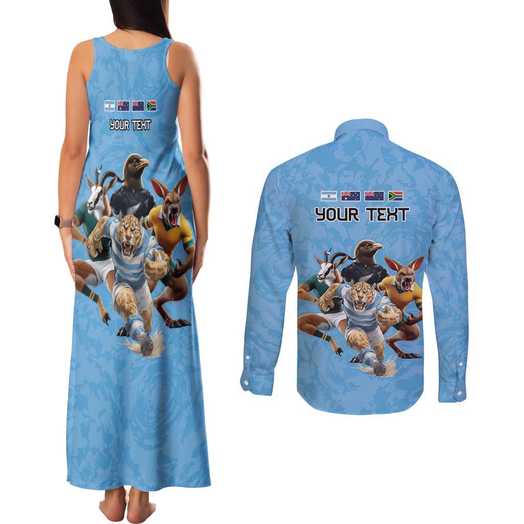 Custom Rugby Southern Hemisphere Couples Matching Tank Maxi Dress and Long Sleeve Button Shirt Argentina AUNZ South Africa Mascot Blue - Polynesian Pride