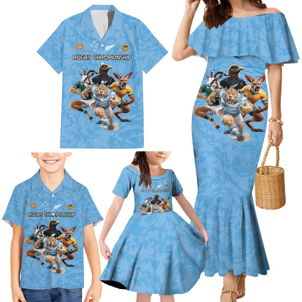 Custom Rugby Southern Hemisphere Family Matching Mermaid Dress and Hawaiian Shirt Argentina AUNZ South Africa Mascot Blue LT9 - Polynesian Pride
