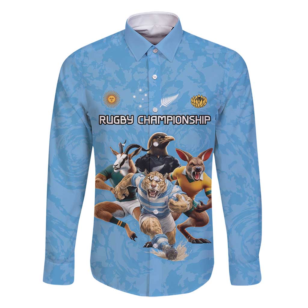 Custom Rugby Southern Hemisphere Family Matching Mermaid Dress and Hawaiian Shirt Argentina AUNZ South Africa Mascot Blue LT9 Dad's Shirt - Long Sleeve Blue - Polynesian Pride