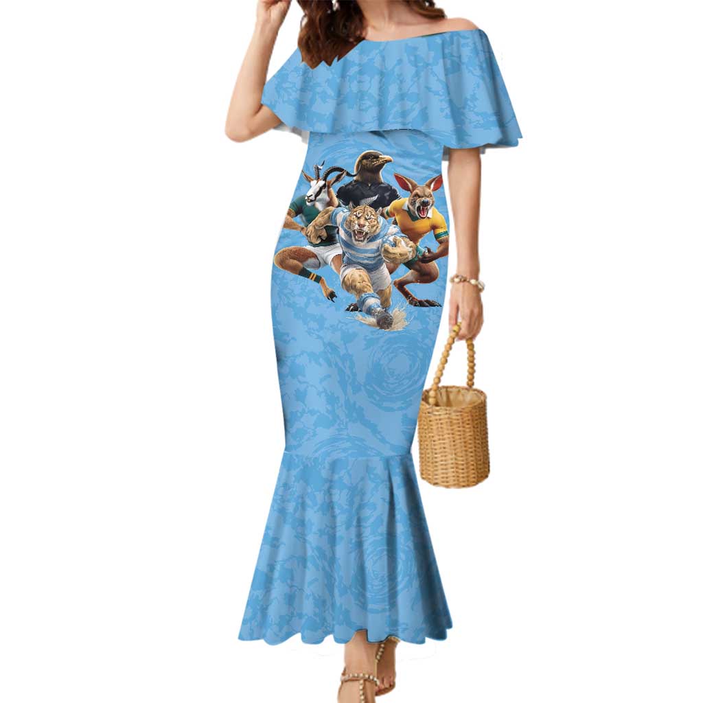 Custom Rugby Southern Hemisphere Family Matching Mermaid Dress and Hawaiian Shirt Argentina AUNZ South Africa Mascot Blue LT9 Mom's Dress Blue - Polynesian Pride