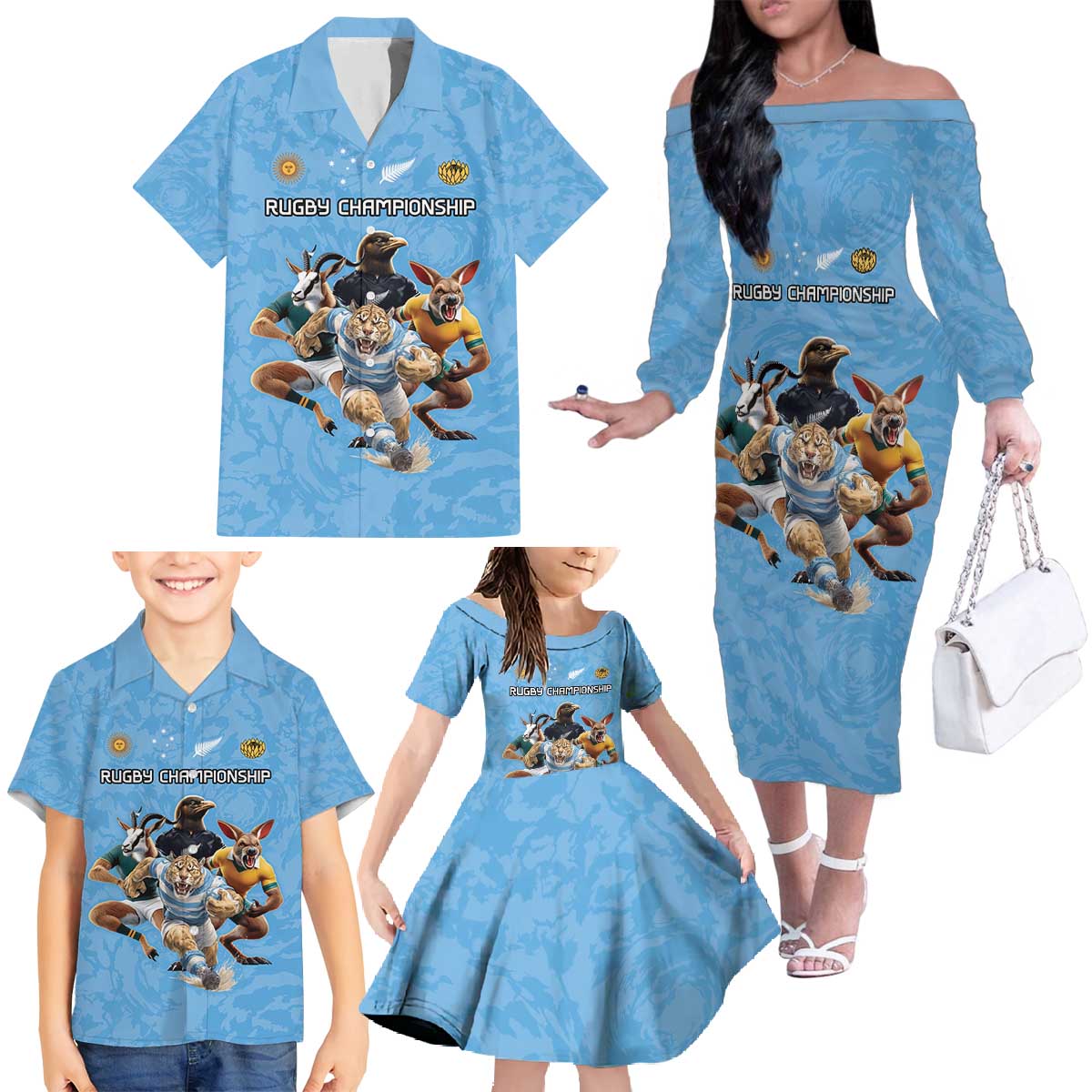 Custom Rugby Southern Hemisphere Family Matching Off The Shoulder Long Sleeve Dress and Hawaiian Shirt Argentina AUNZ South Africa Mascot Blue LT9 - Polynesian Pride
