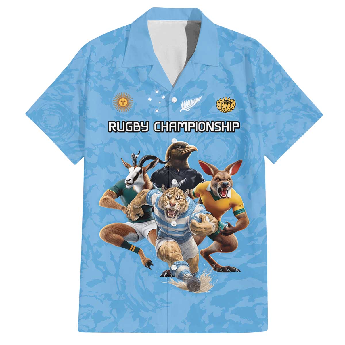 Custom Rugby Southern Hemisphere Family Matching Off The Shoulder Long Sleeve Dress and Hawaiian Shirt Argentina AUNZ South Africa Mascot Blue LT9 Dad's Shirt - Short Sleeve Blue - Polynesian Pride