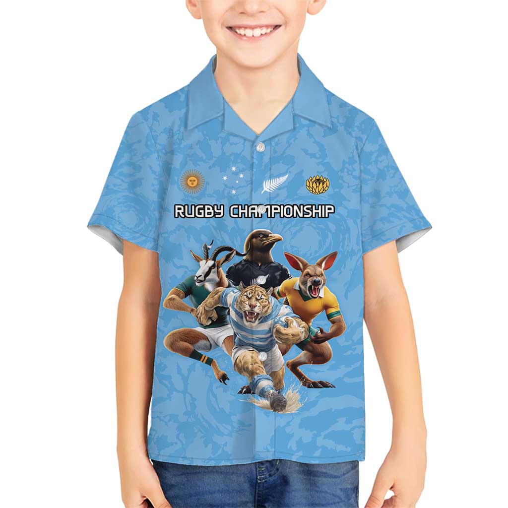 Custom Rugby Southern Hemisphere Family Matching Off Shoulder Maxi Dress and Hawaiian Shirt Argentina AUNZ South Africa Mascot Blue LT9 Son's Shirt Blue - Polynesian Pride