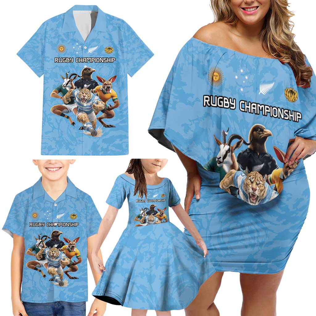 Custom Rugby Southern Hemisphere Family Matching Off Shoulder Short Dress and Hawaiian Shirt Argentina AUNZ South Africa Mascot Blue LT9 - Polynesian Pride