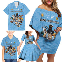 Custom Rugby Southern Hemisphere Family Matching Off Shoulder Short Dress and Hawaiian Shirt Argentina AUNZ South Africa Mascot Blue LT9 - Polynesian Pride