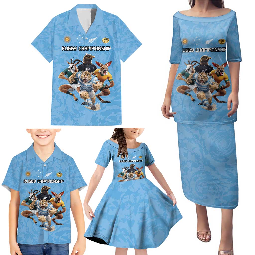 Custom Rugby Southern Hemisphere Family Matching Puletasi and Hawaiian Shirt Argentina AUNZ South Africa Mascot Blue - Polynesian Pride