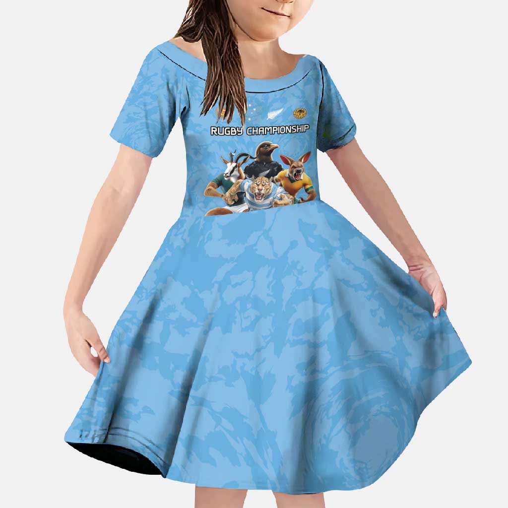 Custom Rugby Southern Hemisphere Family Matching Short Sleeve Bodycon Dress and Hawaiian Shirt Argentina AUNZ South Africa Mascot Blue LT9 Daughter's Dress Blue - Polynesian Pride