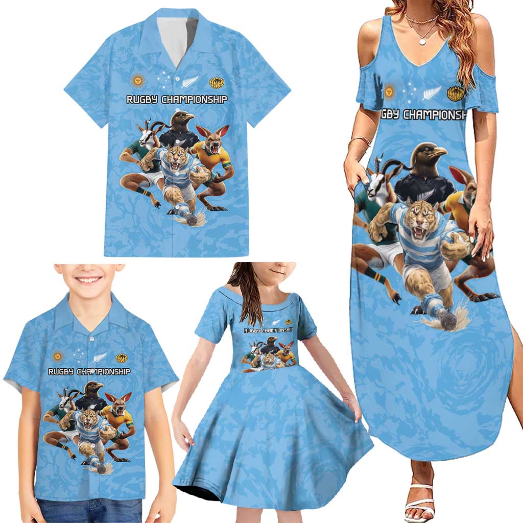 Custom Rugby Southern Hemisphere Family Matching Summer Maxi Dress and Hawaiian Shirt Argentina AUNZ South Africa Mascot Blue LT9 - Polynesian Pride