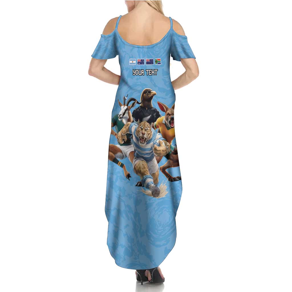Custom Rugby Southern Hemisphere Family Matching Summer Maxi Dress and Hawaiian Shirt Argentina AUNZ South Africa Mascot Blue LT9 - Polynesian Pride