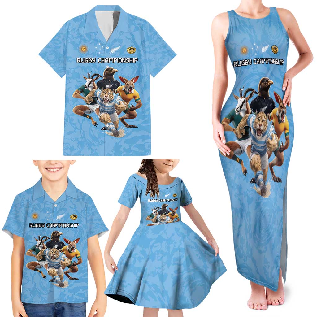 Custom Rugby Southern Hemisphere Family Matching Tank Maxi Dress and Hawaiian Shirt Argentina AUNZ South Africa Mascot Blue LT9 - Polynesian Pride