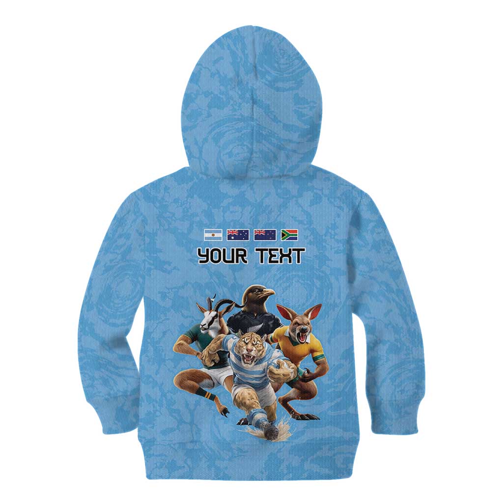 Custom Rugby Southern Hemisphere Kid Hoodie Argentina AUNZ South Africa Mascot Blue LT9 - Polynesian Pride