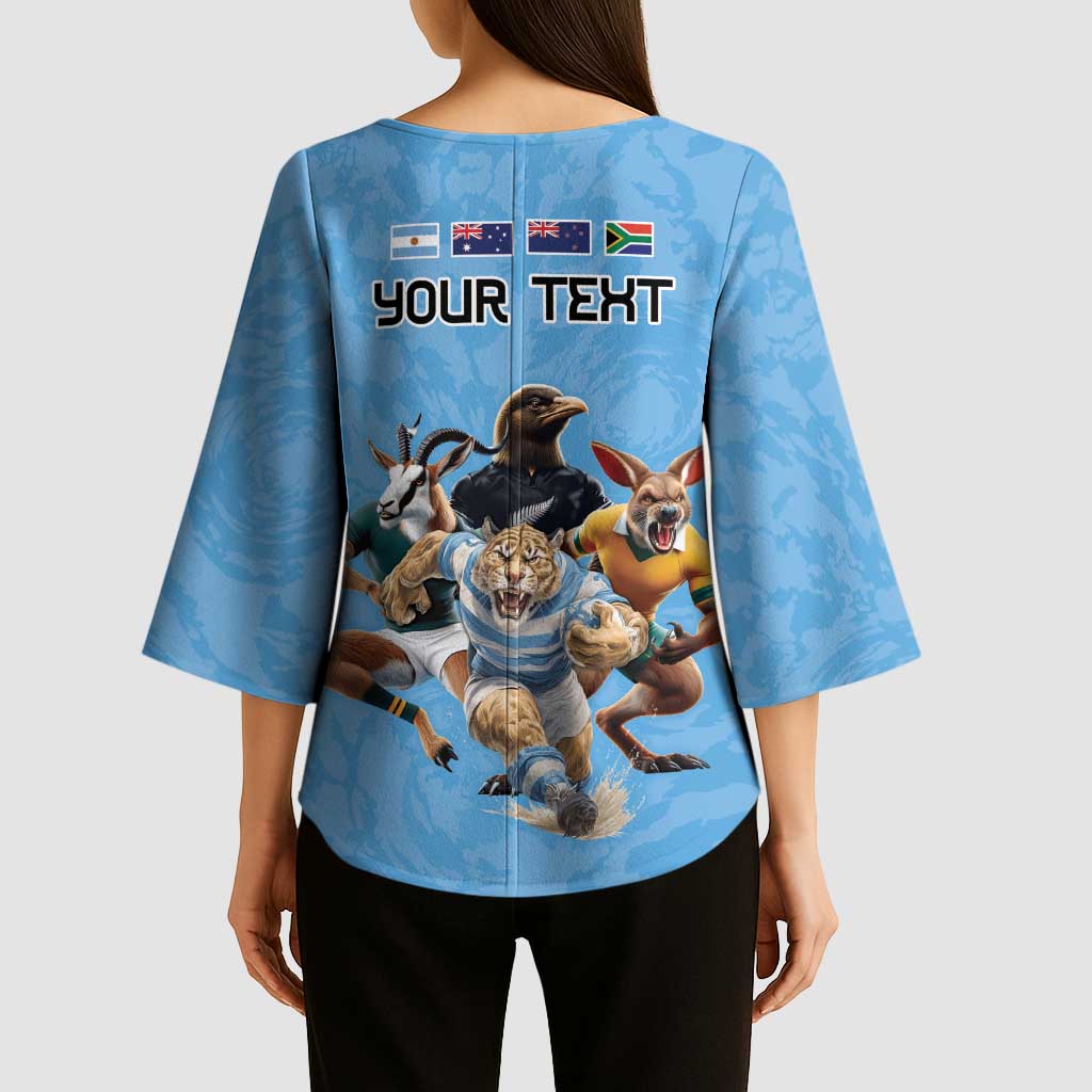 Custom Rugby Southern Hemisphere Kimono Sleeve Blouse Argentina AUNZ South Africa Mascot Blue LT9 - Polynesian Pride