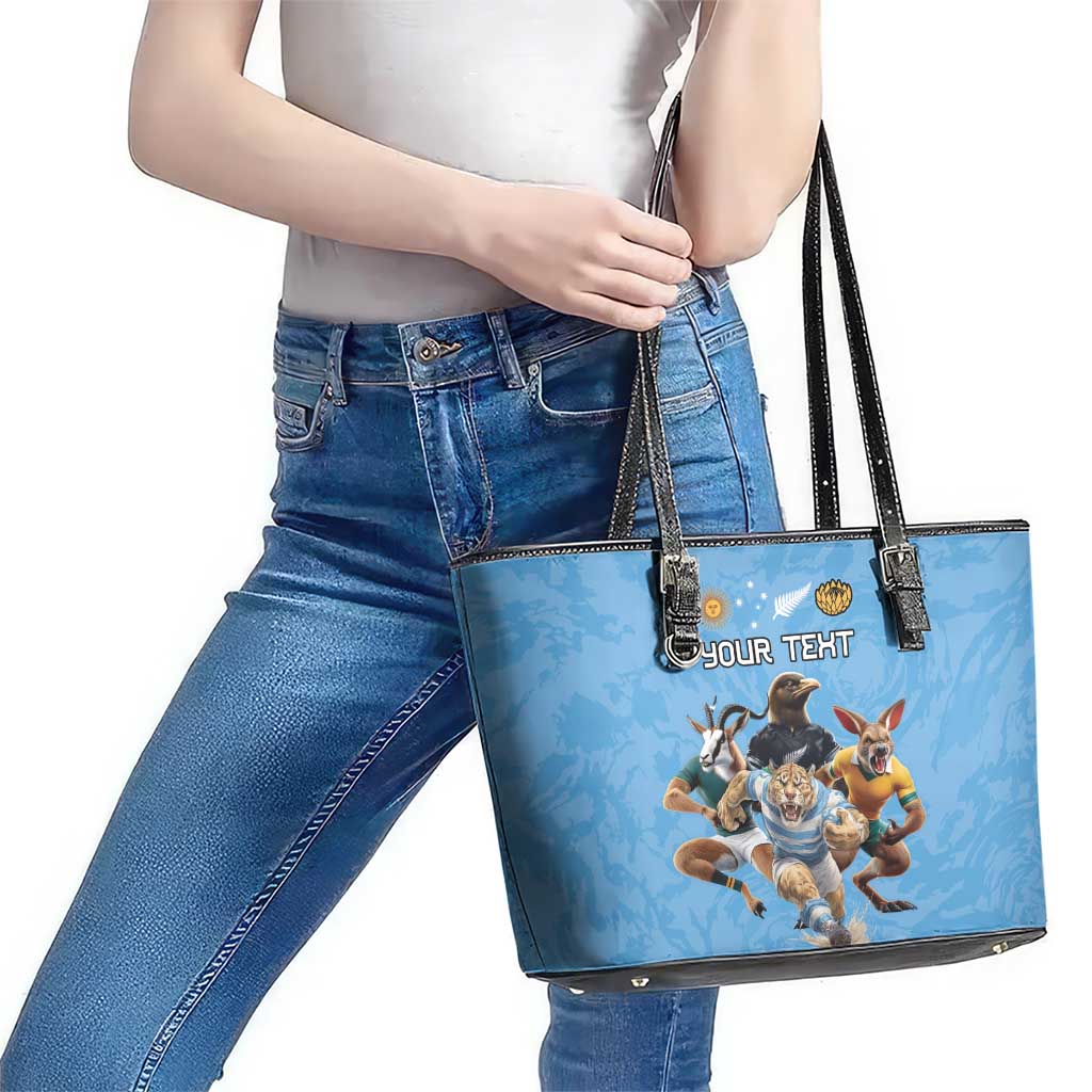 Custom Rugby Southern Hemisphere Leather Tote Bag Argentina AUNZ South Africa Mascot Blue LT9 - Polynesian Pride