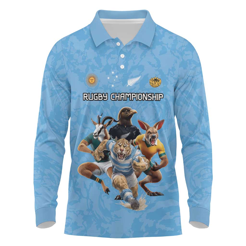Custom Rugby Southern Hemisphere Long Sleeve Polo Shirt Argentina AUNZ South Africa Mascot Blue LT9 Blue - Polynesian Pride