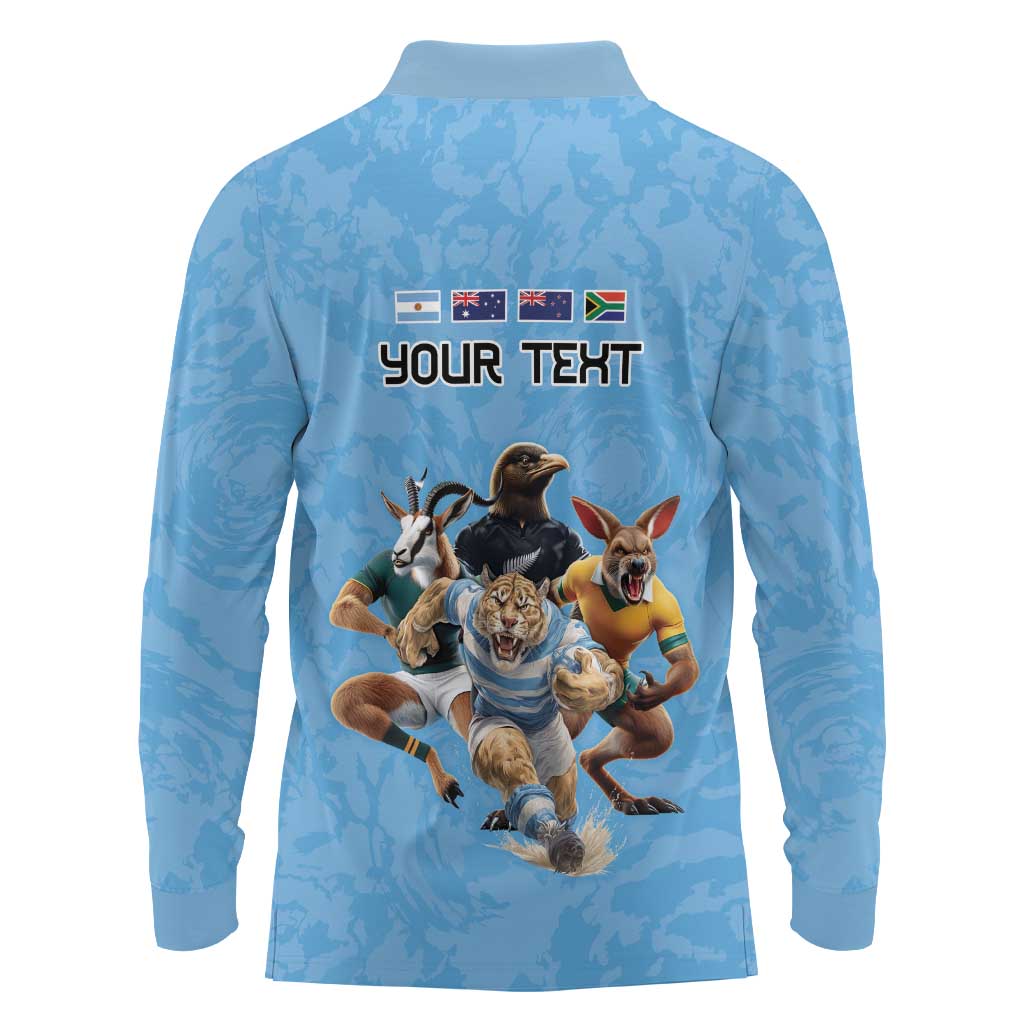Custom Rugby Southern Hemisphere Long Sleeve Polo Shirt Argentina AUNZ South Africa Mascot Blue LT9 - Polynesian Pride