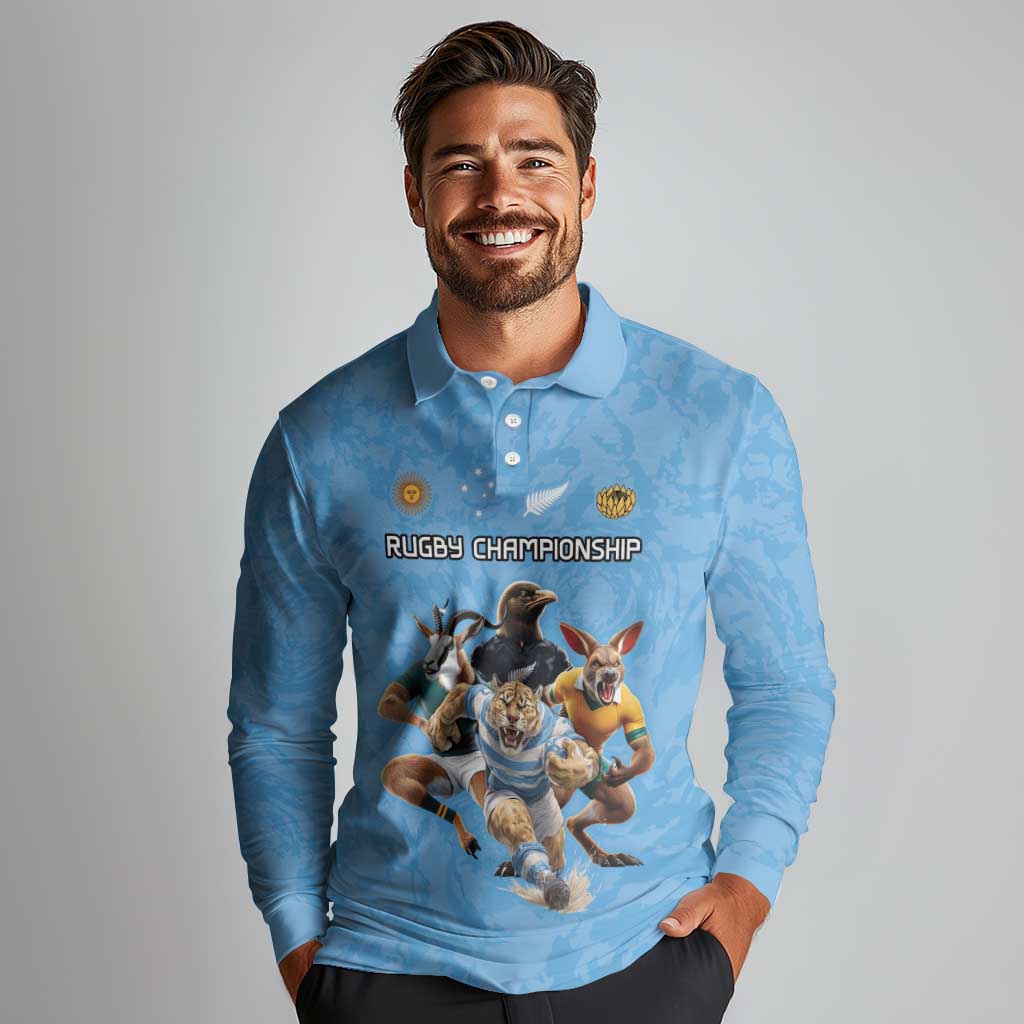 Custom Rugby Southern Hemisphere Long Sleeve Polo Shirt Argentina AUNZ South Africa Mascot Blue LT9 - Polynesian Pride