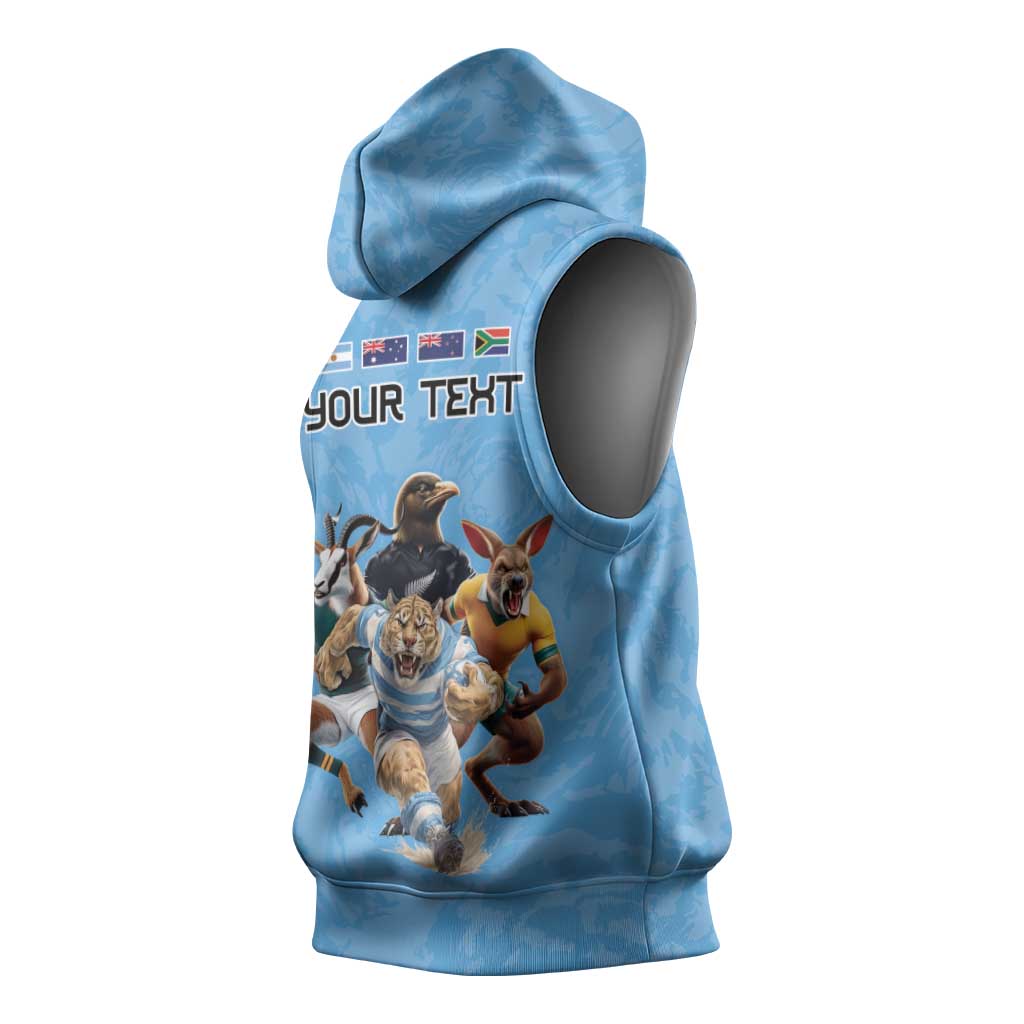 Custom Rugby Southern Hemisphere Sleeveless Hoodie Argentina AUNZ South Africa Mascot Blue LT9 - Polynesian Pride