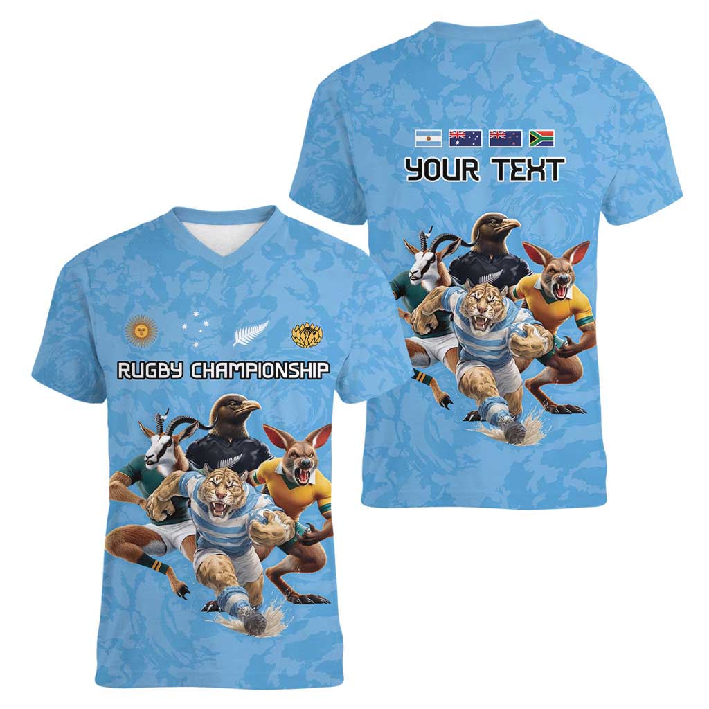 Custom Rugby Southern Hemisphere Women V-Neck T-Shirt Argentina AUNZ South Africa Mascot Blue LT9 - Polynesian Pride