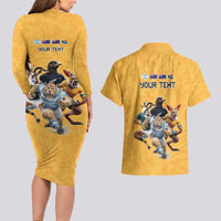 Custom Rugby Southern Hemisphere Couples Matching Long Sleeve Bodycon Dress and Hawaiian Shirt Argentina AUNZ South Africa Mascot Gold - Polynesian Pride