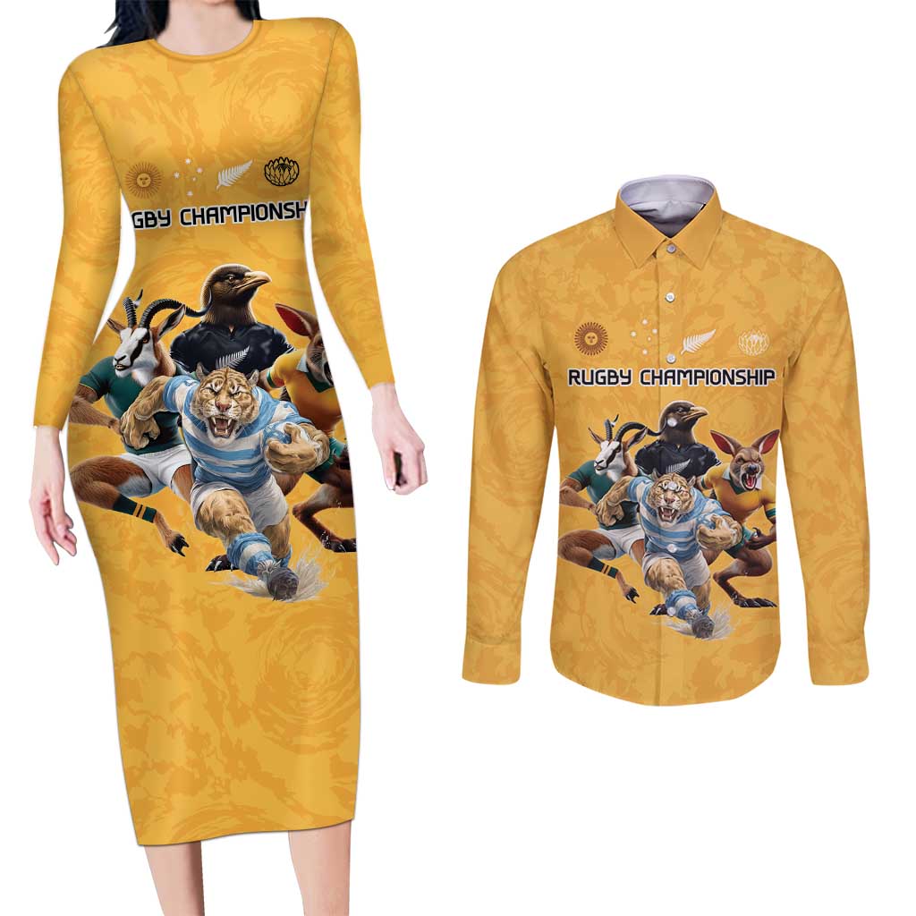 Custom Rugby Southern Hemisphere Couples Matching Long Sleeve Bodycon Dress and Long Sleeve Button Shirt Argentina AUNZ South Africa Mascot Gold - Polynesian Pride