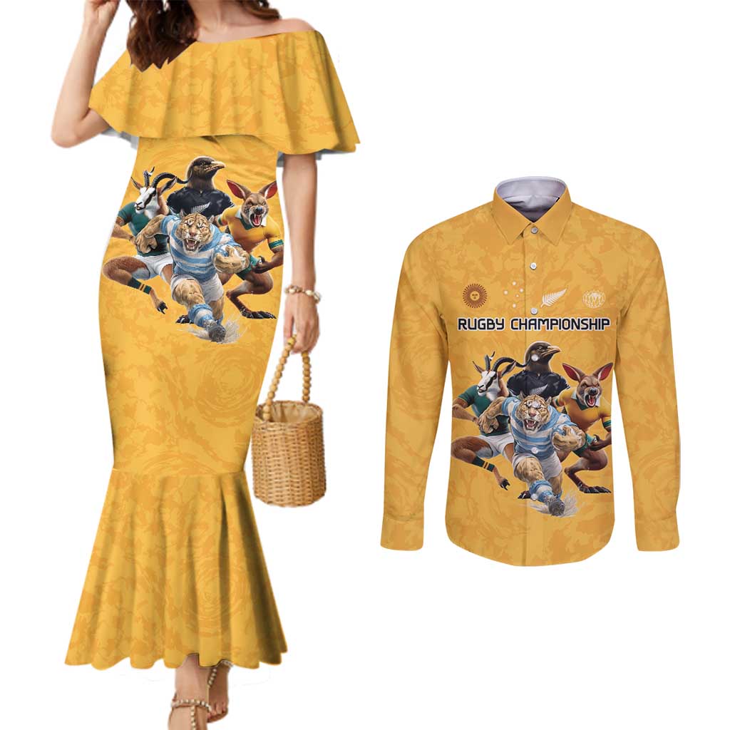 Custom Rugby Southern Hemisphere Couples Matching Mermaid Dress and Long Sleeve Button Shirt Argentina AUNZ South Africa Mascot Gold - Polynesian Pride