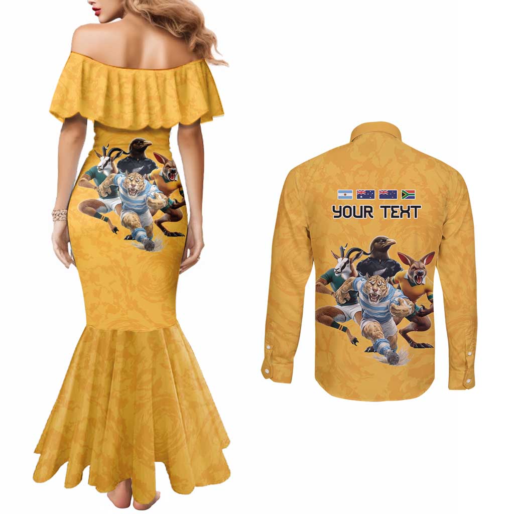 Custom Rugby Southern Hemisphere Couples Matching Mermaid Dress and Long Sleeve Button Shirt Argentina AUNZ South Africa Mascot Gold - Polynesian Pride
